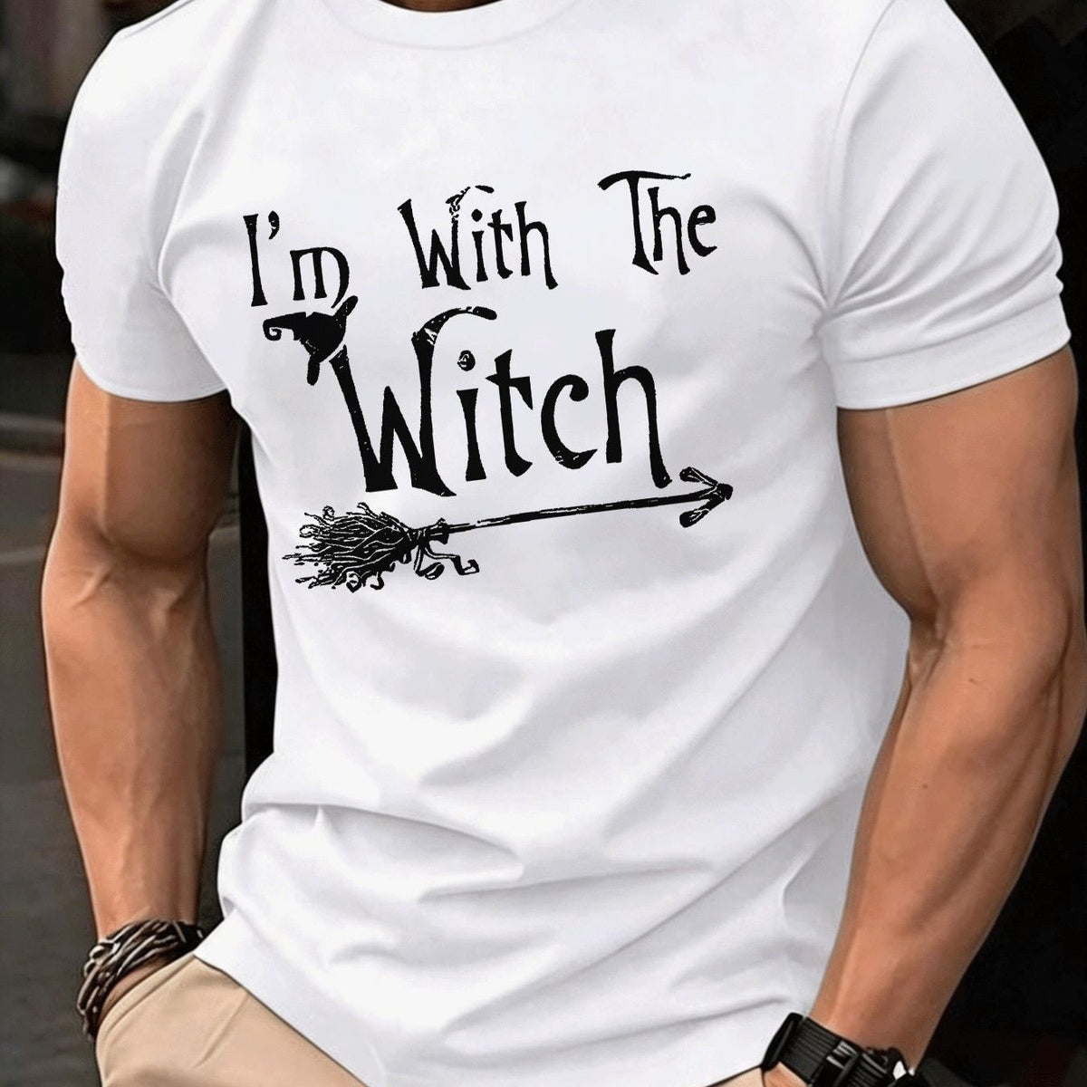 Men's Fashion Casual Trendy I'm with The Witch Broom Arrow Graphic Short Sleeve T Shirt Streetwear Holiday Gift Daily Wear