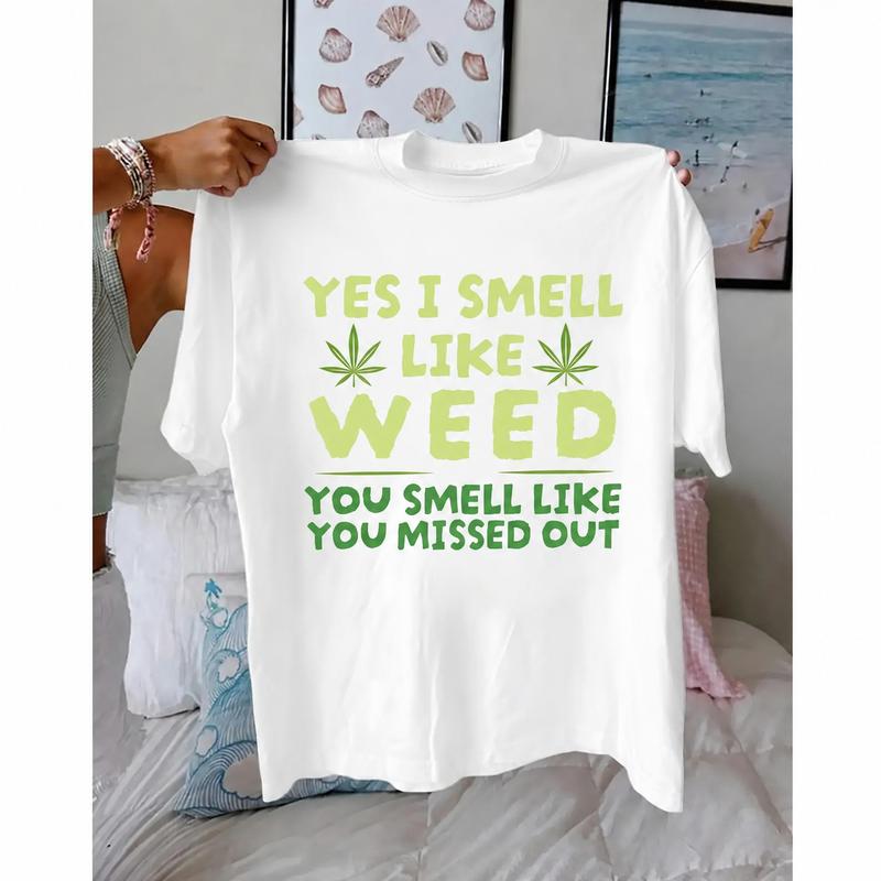 Men's 100%25 Pure Cotton Graphic T-Shirt - Funny Weed Leaf Print, Round Neck, Short Sleeve, Fitted Cut, Ribbed Fabric, Chic Casual Streetwear, Party Outfit, Birthday Gift for Boyfriend