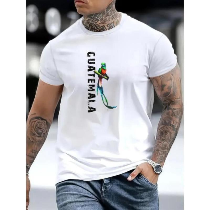 Men's Fitted 100%25 Cotton Guatemala Bird Graphic T-Shirt - Soft Round Neck Short-Sleeve Top, New Year Sporty Chic Fitness Daily Wear, Durable 2XL Casual Travel Tee