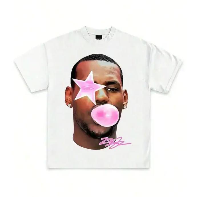 Men's Lebron Basketball Graphic Tshirt - 220G Pure Cotton, Regular Fit, Heavyweight, Single-Sided Print, Round Neck, Shortsleeve, Cold Wash Safe, Plant Pattern, Premium Quality, Y2K Rap Inspired, Casual Menswear Top