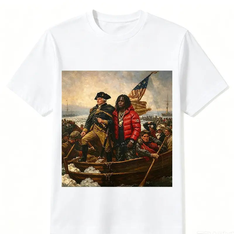 Oversize Cotton Graphic Print Tee - US History Art Chief Washington Crossing the Delaware Meme Design, Oversize Street Fit, 250th Independence Day Y2k Sports Top, Machine Washable for Easy Care, Easy Go-To Casual Gift