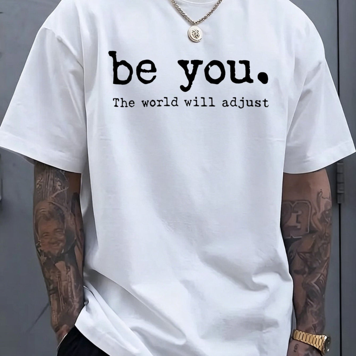 Casual Style, Men's T-Shirt, Be You Motivational Quote Design, Soft Cotton Blend Fabric, for Trendy Men with Tattoos, Casual Attire And Streetwear, Plus Size Available