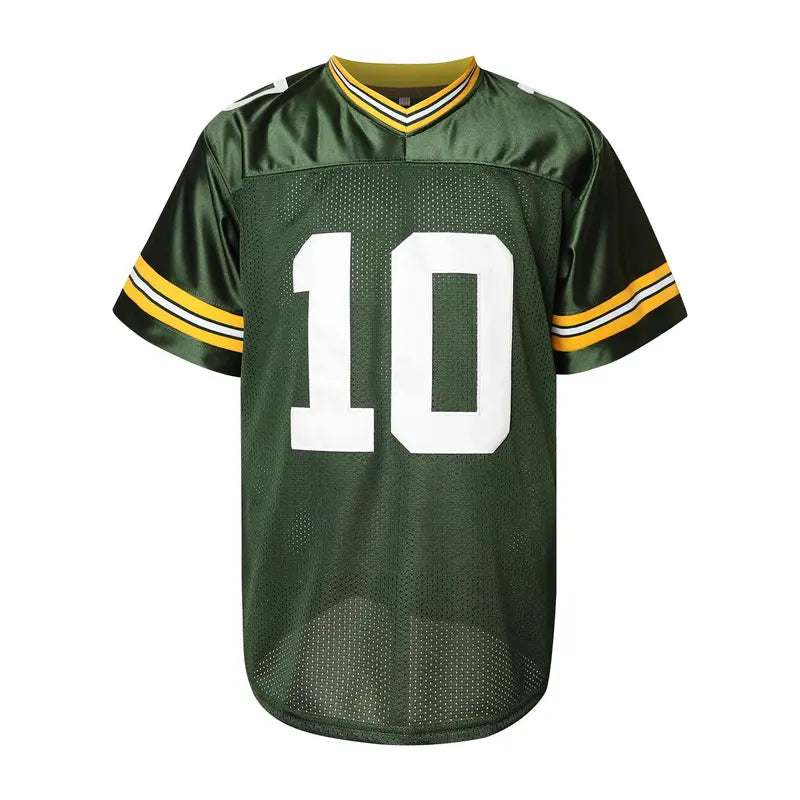 Men's #10 Sleeve Jersey - Retro V-Neck, Green Letter Embroidery, Loose Fit, Sporty Chic Professional Sports Top, Comfortable Breathable, Machine Washable for Outdoor Play, Retro Hip-Party Vibe