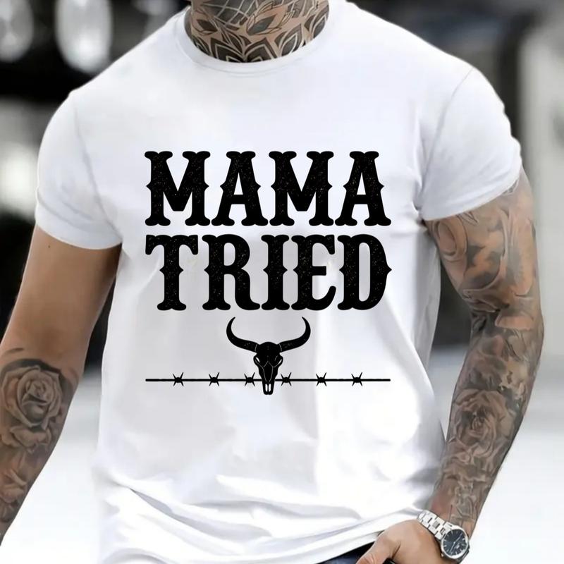 Men's Classic Short-Sleeve Cotton T-Shirt - Vintage Country Western, Casual Fit, "Mama Tried" Funny Graphic Print, Round Neck, Soft, Layer-Friendly, American Streetwear, OOTD Top, 2XL, 3XL, 4XL