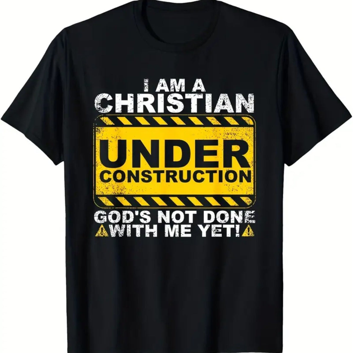 Men'S Christian Faith T-Shirt Made of - Black Religious Shirt Featuring a Yellow Caution Tape Design That Says 'I AM A CHRISTIAN UNDER CONSTRUCTION' - Suitable for Everyday Church, Bible Study, And Casual Outings