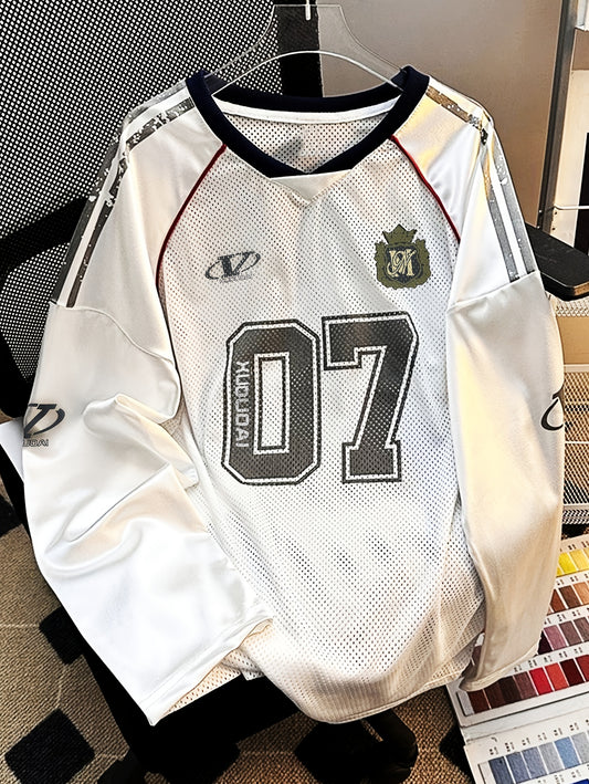 Men's Vintage Streetwear Mesh Graffiti Rugby Jersey T-Shirt, Loose Fit Long Sleeve, Trendy for Spring and Autumn