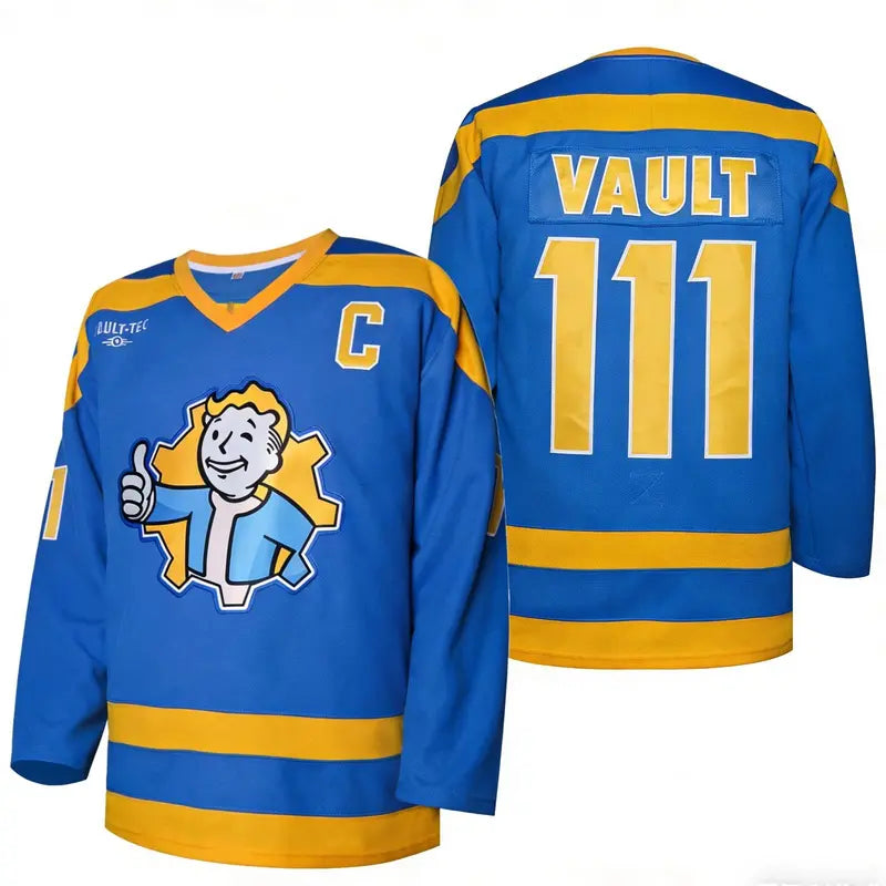 Vault 33 Hockey Jersey Blue Yellow Design with C Logo & Vault 33 Number, Athletic Long Sleeve Sportswear Top for Hockey Fans, Games & Events