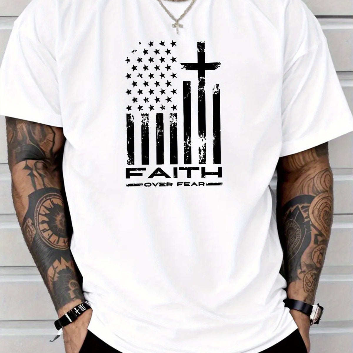 Men'S Patriotic "Faith Over Fear" Graphic T-Shirt - Black with American Flag & Cross Design, Polyester, Lightweight & Comfortable, Casual Summer Style, Perfect Gift for Adults, Casual Summer Wear | Patriotic Design | Comfortable Fit