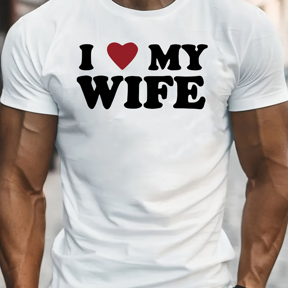 Men's Stylish " I Love My Wife" Creative Print T-Shirt, Crew Neck Short Sleeve, Casual Tee, Versatile Top For Spring And Summer, Trendy Streetwear Fashion