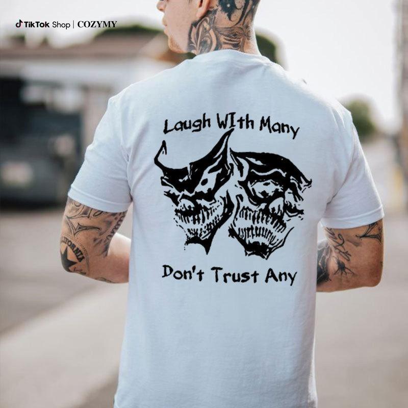 Men's 100%25 Cotton Short-Sleeve Crew Neck Skull All Over High-Res Print Tshirt - Fitted Cut, Year-Round Basics, "Laugh with Many, Don’t Trust Any" Graphic, Casual Streetwear, Gift For Him