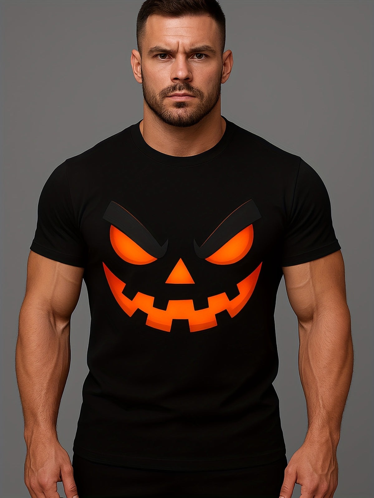 Men'S for Halloween Pumpkin Face Graphic T-Shirt, Black with Orange Jack-O'-Lantern Eyes, Soft Breathable Crew Neck Tee for Halloween Costumes, Parties, Casual Attire, Spooky Fall Outfit, Gift for Him
