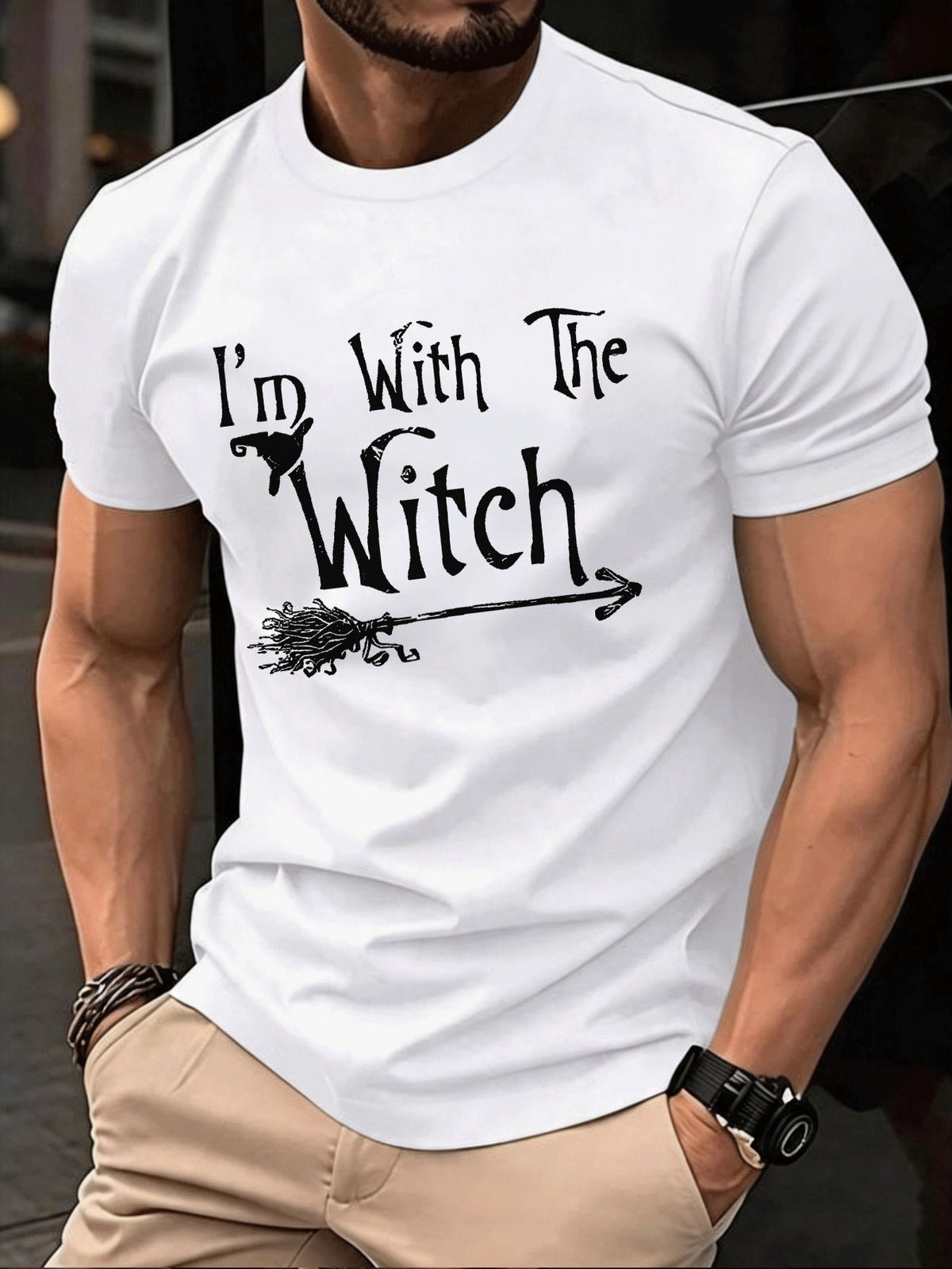 Men's Fashion Casual Trendy I'm with The Witch Broom Arrow Graphic Short Sleeve T Shirt Streetwear Holiday Gift Daily Wear