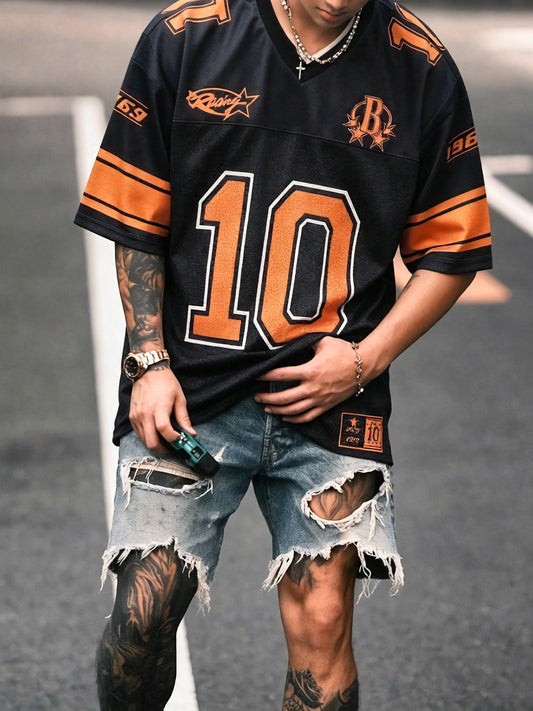 Men'S American Retro Digital Print Short Sleeve Jersey Mesh Breathable Loose V-Neck Sports Top Summer Streetwear, Men'S Athletic Short Sleeve T-Shirt