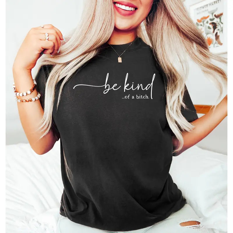 Men's 100%25 Cotton Short-Sleeve T-Shirt Top - Humorous 'Be Kind-Of a Bitch' Badge Graphic Print, Fitted Cut, Round Neck, Sarcastic Casual Streetwear, Crisp-Lasting Print, Minimalist, Machine Washable Outdoor Fabric Tshirt