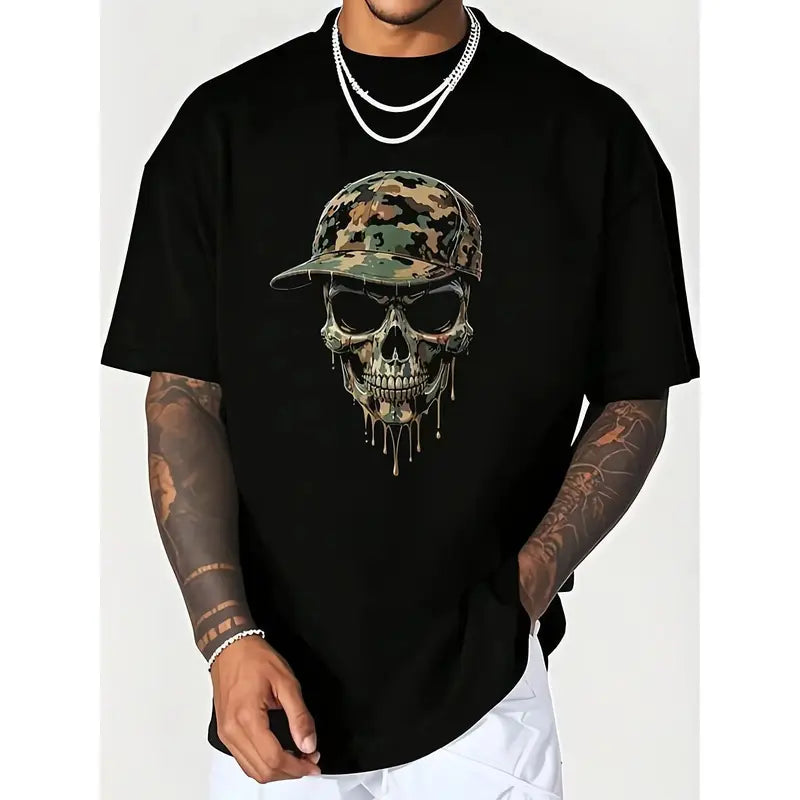 Men's Chic Fitted Cut Camo Skull All Over Digital Print Cotton Knit T-Shirt - Black, Round Neck, Short Sleeve, Unisex Casual Top, Lightweight Soft, Breathable, Sweat-Wicking, Machine Washable Clothes for Spring, Fall, Halloween