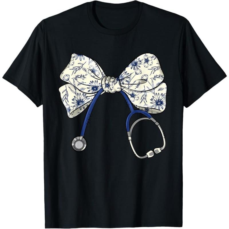 Women's Cotton Short-Sleeve Nursing T-Shirt - Floral/Black Solid Clothes, Coquette Bow, Stethoscope Print, Sports & Outdoor Bottom-Friendly M Size Top