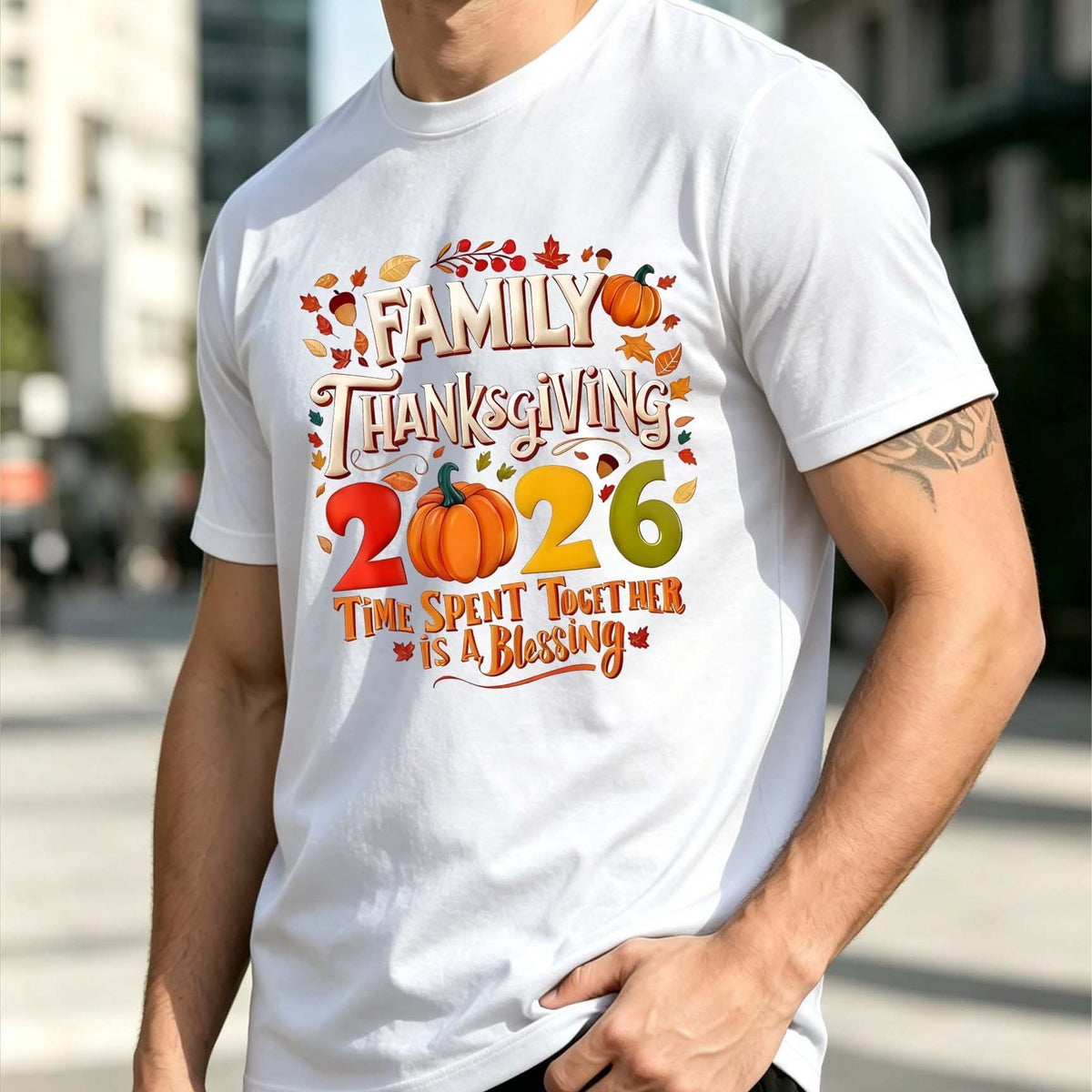 Family Thanksgiving 2026 Pumpkin Fall Leaf Slogan Men Short Sleeve T-Shirt Family Thanksgiving Gathering Crew Neck Tee