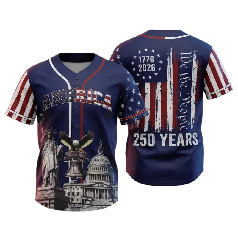 USA 250th Anniversary Patriotic Baseball Fashion Jersey - Flag & Statues Design, Short Sleeve, S/M Sizes, Oversized Professional Jersey Shirts for Fans, Casual Sporty Top for Sports & Outdoor Use