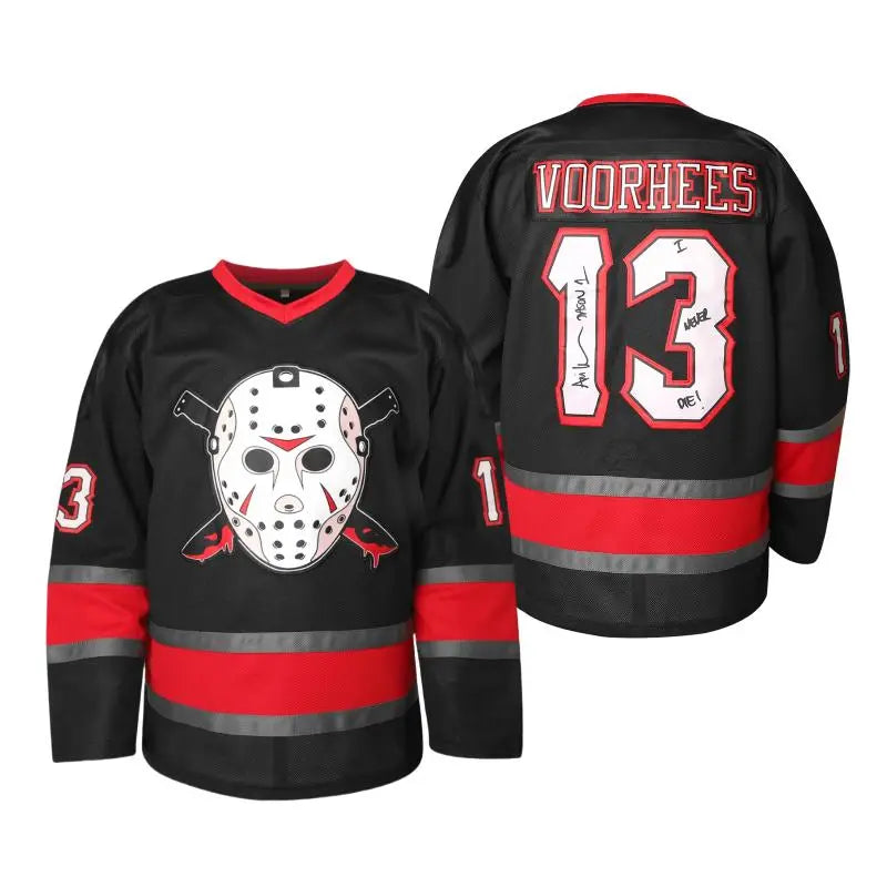 Jason Vorhees #13 Custom Sewn Performance Hockey Jersey - 95% Polyester Athletic Clothes, Modern Hockey Jersey with Horror Edge, Tie Neck, Durable, Breathable, Easy Care, Comfortable for Friday the 13th Halloween