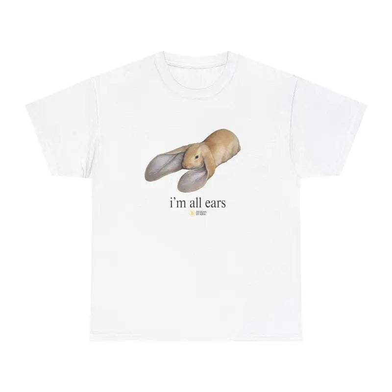 Men's Cotton Ribbed Crew Neck Short-Sleeve Fabric Knitting Breathable Classic T-Shirt - "I'm All Ears" Bunny & Dinosaur Cartoon Graphic, Funny Streetwear, All Over Print, Fitted/Oversized Fit, Original Art Basics Top, Do Not Iron