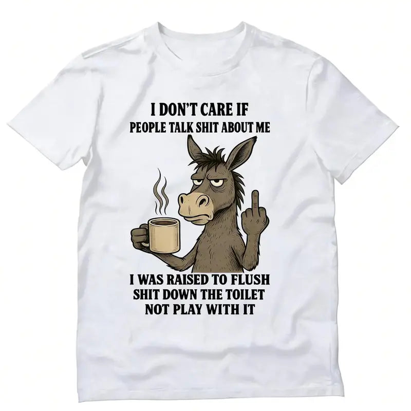 Men's Fitted Casual Short-Sleeve Round Neck Cotton Athletic T-Shirt - Sarcastic Donkey Cartoon Print, Humorous Quote, Breathable, American Streetwear, New Year Shirts Funny