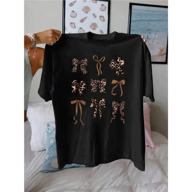 Women's 100%25 Cotton Graphic T-Shirt - Comfortable, Lightweight, Leopard Print/Black Floral, Casual Loose Fit, Short Sleeve Crew Neck, Breathable Summer Top, Low Iron, Cold Wash (Plus Size Women's Clothing Option)