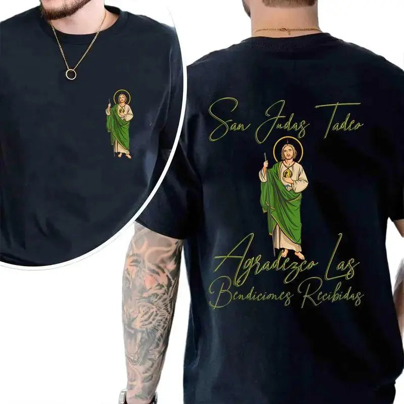 Men's Saint Jude Thaddeus Apparel T-Shirt - 2 Printed Sides Digital Print Round Neck Short Sleeve Cotton Casual Fitted Streetwear Tops, Ideal for Parties