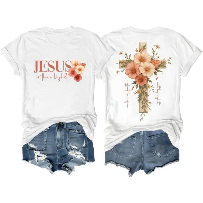 Men's Fitted Cut Classic Casual Christian Faith Floral Cross Graphic T-Shirt - Short-Sleeve, Round Neck, Pure Cotton Chic Top with Vivid Print, Western Style Basics, Year-Round Use