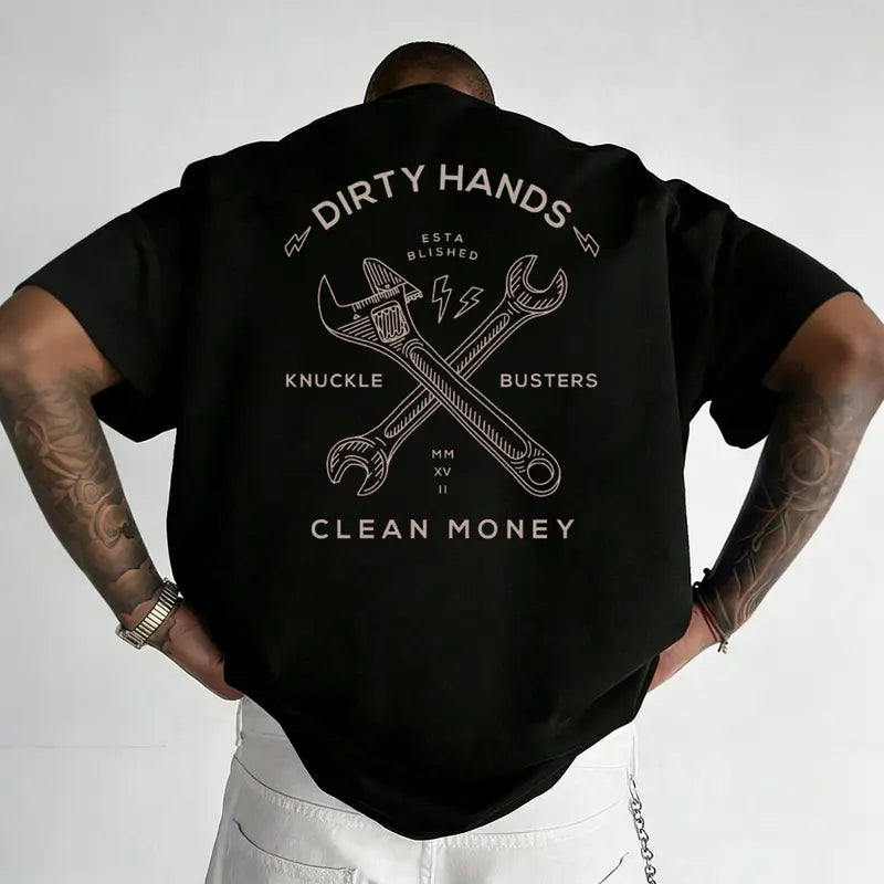Men's Loose Fit Short-Sleeve Round Neck Sports & Outdoor Casual Wear T-Shirt - Velvet-Flannel Cotton Blend, Breathable Fabric, Elastic, Soft, Classic, Stylish, Anti-Static, Multi-Size, Original "Dirty Hands, Clean Money" Wrench Graphic, Boyfriend Gift
