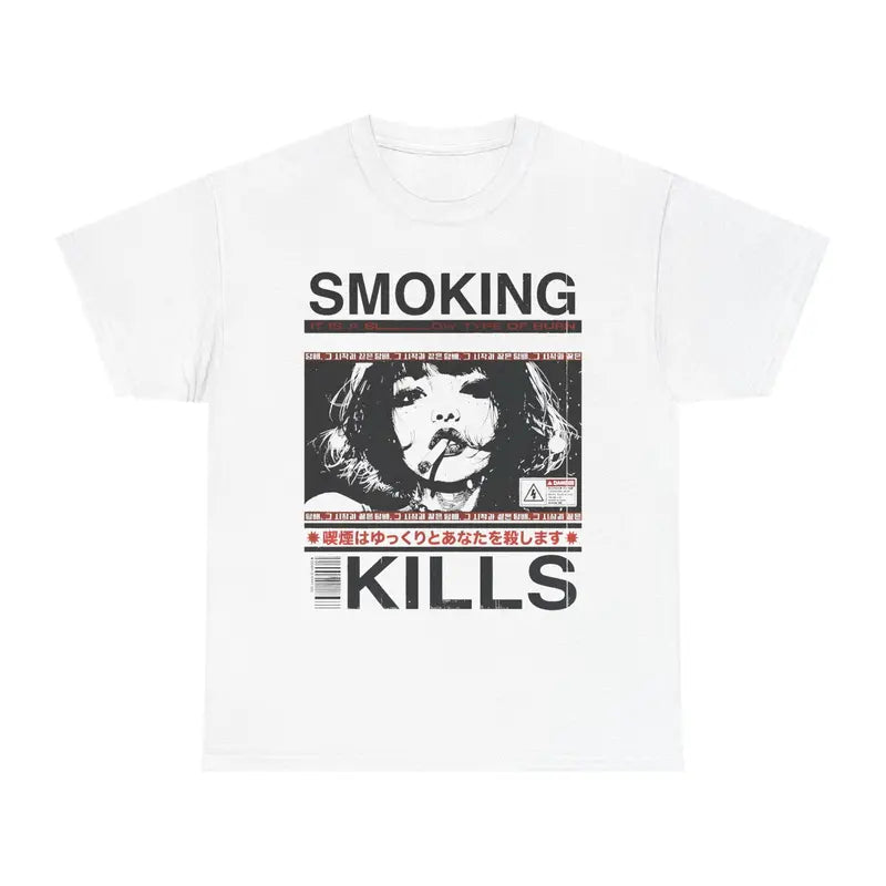 Smoking Kills Retro Manga Style Graphic T-Shirt, Cotton Tee