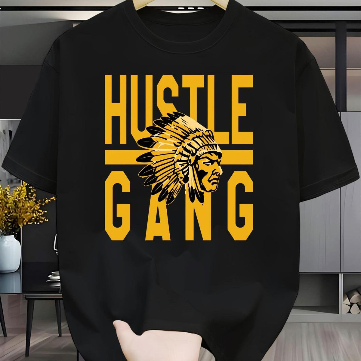 Hustle Gang Indian Headdress Men's Casual Short Sleeve Round Neck T-Shirt Outdoor Short Sleeve Breathable T-Shirt High-End Printed Round Neck Slightly Stretchy T-Shirt Easy to Care for and Versatile Top Suitable for Easter, Halloween