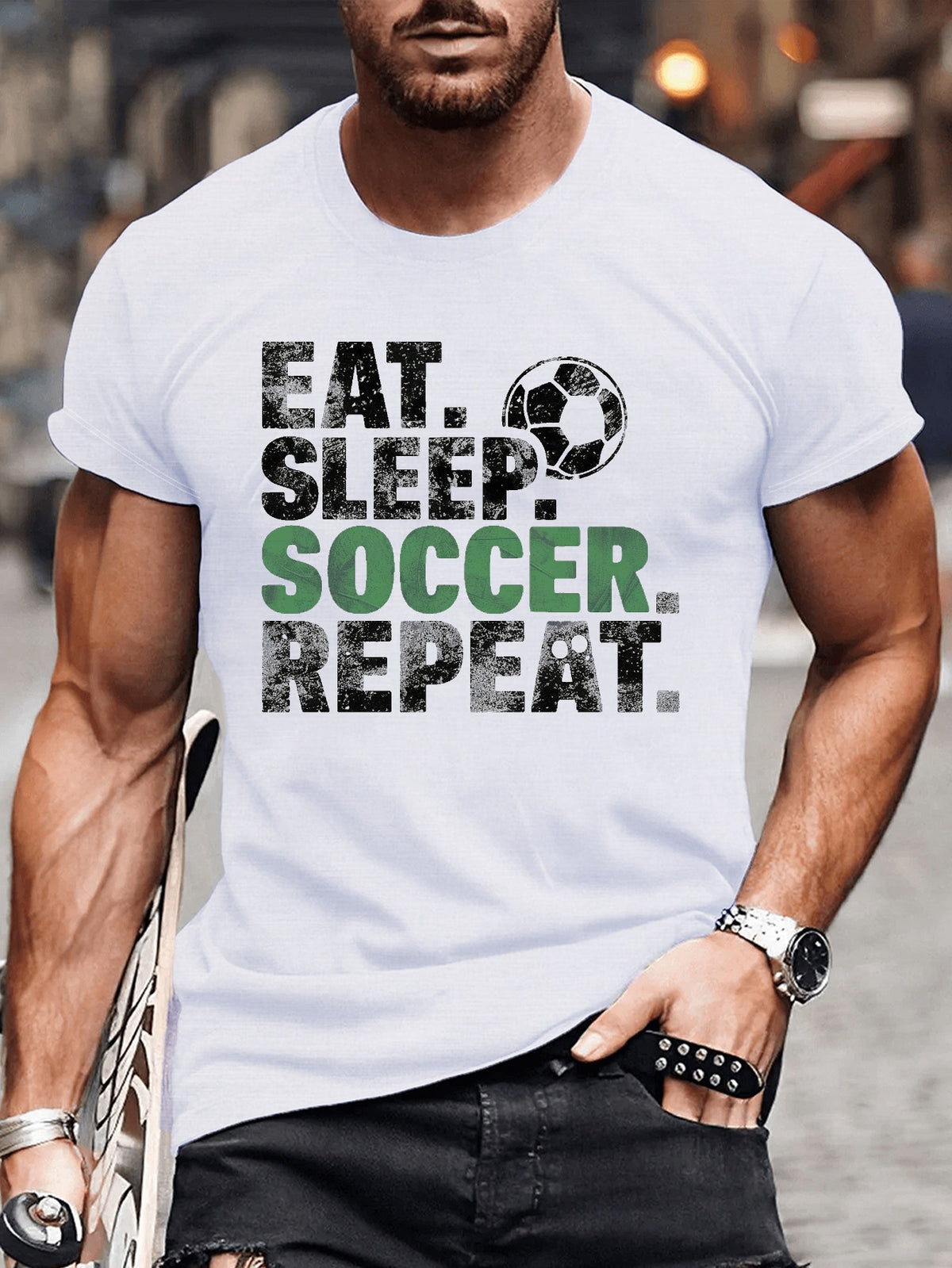 EAT SLEEP SOCCER REPEAT Print Tee Shirt, Tees for Men, Casual Short Sleeve T-shirt for Summer