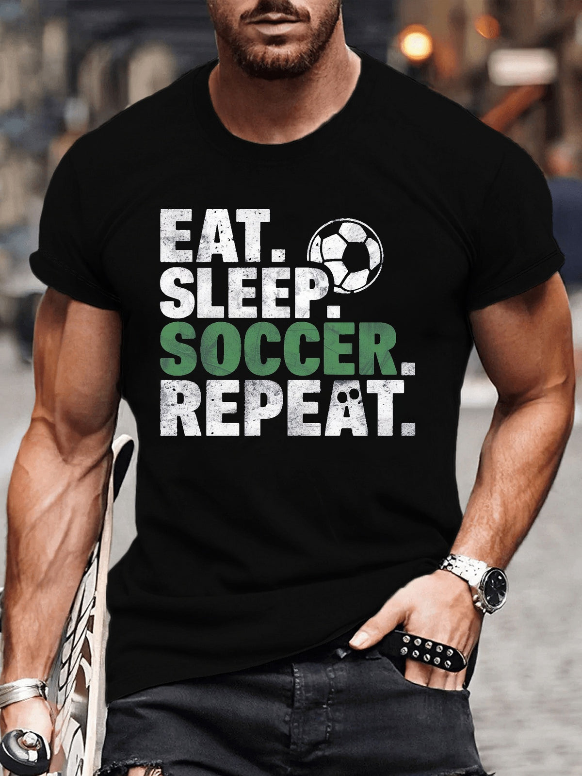 EAT SLEEP SOCCER REPEAT Print Tee Shirt, Tees for Men, Casual Short Sleeve T-shirt for Summer