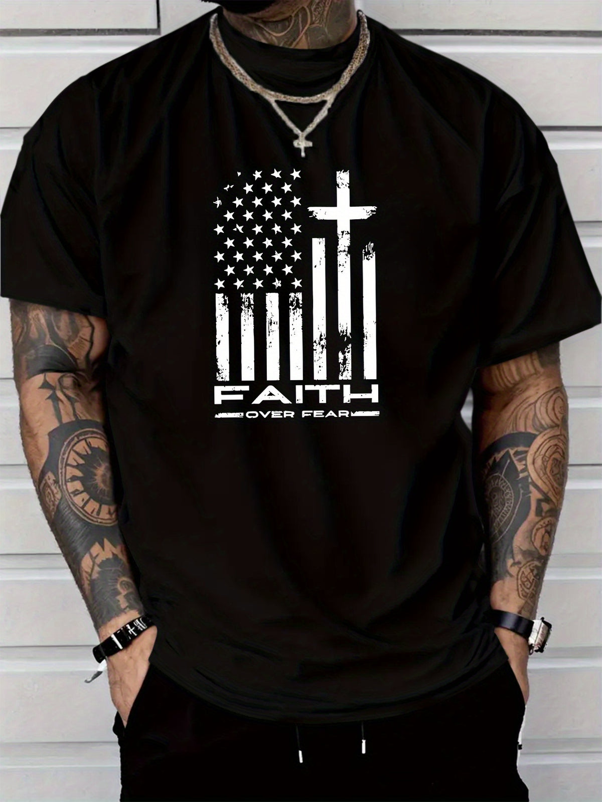 Men'S Patriotic "Faith Over Fear" Graphic T-Shirt - Black with American Flag & Cross Design, Polyester, Lightweight & Comfortable, Casual Summer Style, Perfect Gift for Adults, Casual Summer Wear | Patriotic Design | Comfortable Fit