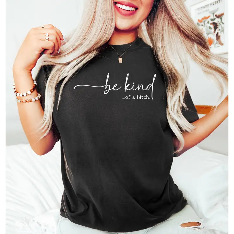 Men's 100%25 Cotton Short-Sleeve T-Shirt Top - Humorous 'Be Kind-Of a Bitch' Badge Graphic Print, Fitted Cut, Round Neck, Sarcastic Casual Streetwear, Crisp-Lasting Print, Minimalist, Machine Washable Outdoor Fabric Tshirt