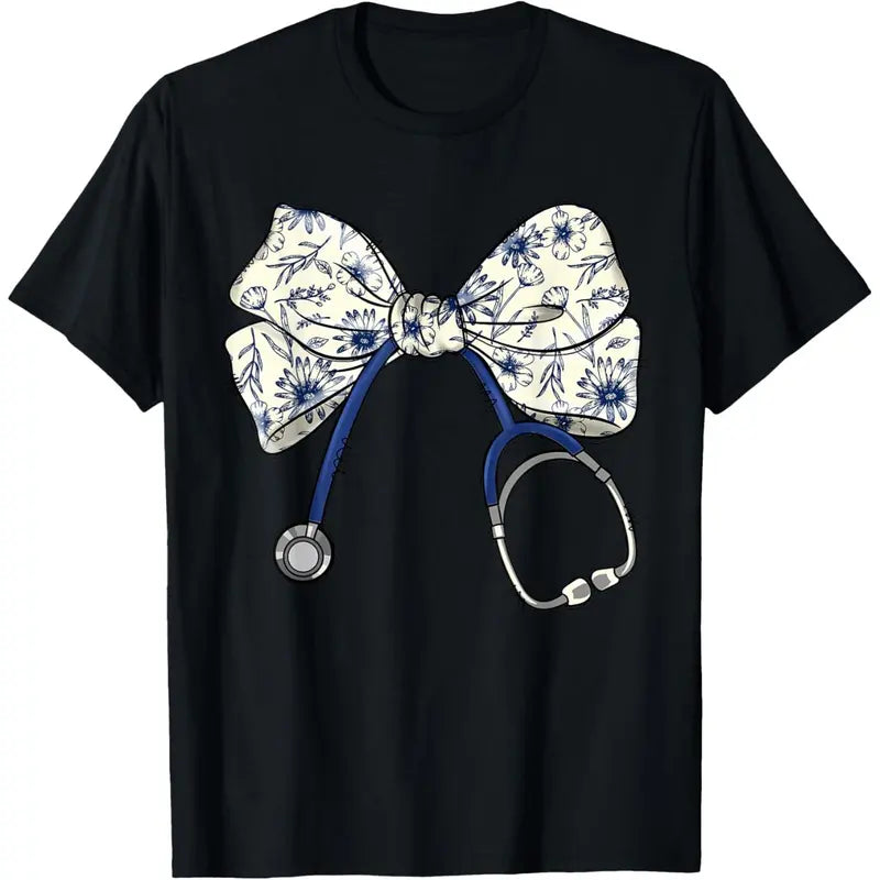 Women's Cotton Short-Sleeve Nursing T-Shirt - Floral/Black Solid Clothes, Coquette Bow, Stethoscope Print, Sports & Outdoor Bottom-Friendly M Size Top