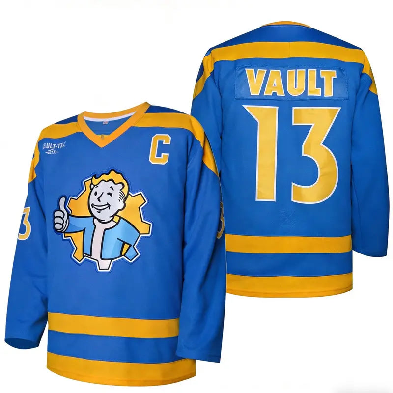 Vault 33 Hockey Jersey Blue Yellow Design with C Logo & Vault 33 Number, Athletic Long Sleeve Sportswear Top for Hockey Fans, Games & Events