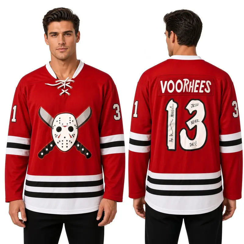 Jason Vorhees #13 Custom Sewn Performance Hockey Jersey - 95% Polyester Athletic Clothes, Modern Hockey Jersey with Horror Edge, Tie Neck, Durable, Breathable, Easy Care, Comfortable for Friday the 13th Halloween