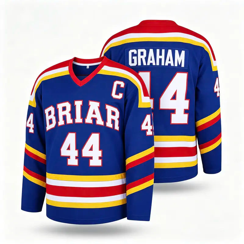 Men's Regular Cut Long Sleeve Polyester Hockey Jersey Shirts - Graham #44 Off Campus, V-Neck, Stitched Letters, Back Number, Sublimated Print, Sports Fan Apparel