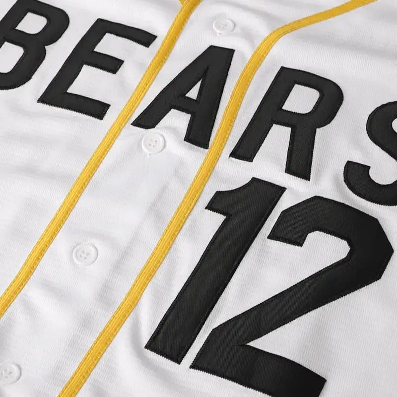 1976 "Let Freedom Ring" Movie Replica Baseball Jersey, #12 Tanner Boyle Movie Fan Gear, Short Sleeves Apparel Jersey with White Base, Yellow Piping & Bail Bonds Logo (Numbered Fronts)