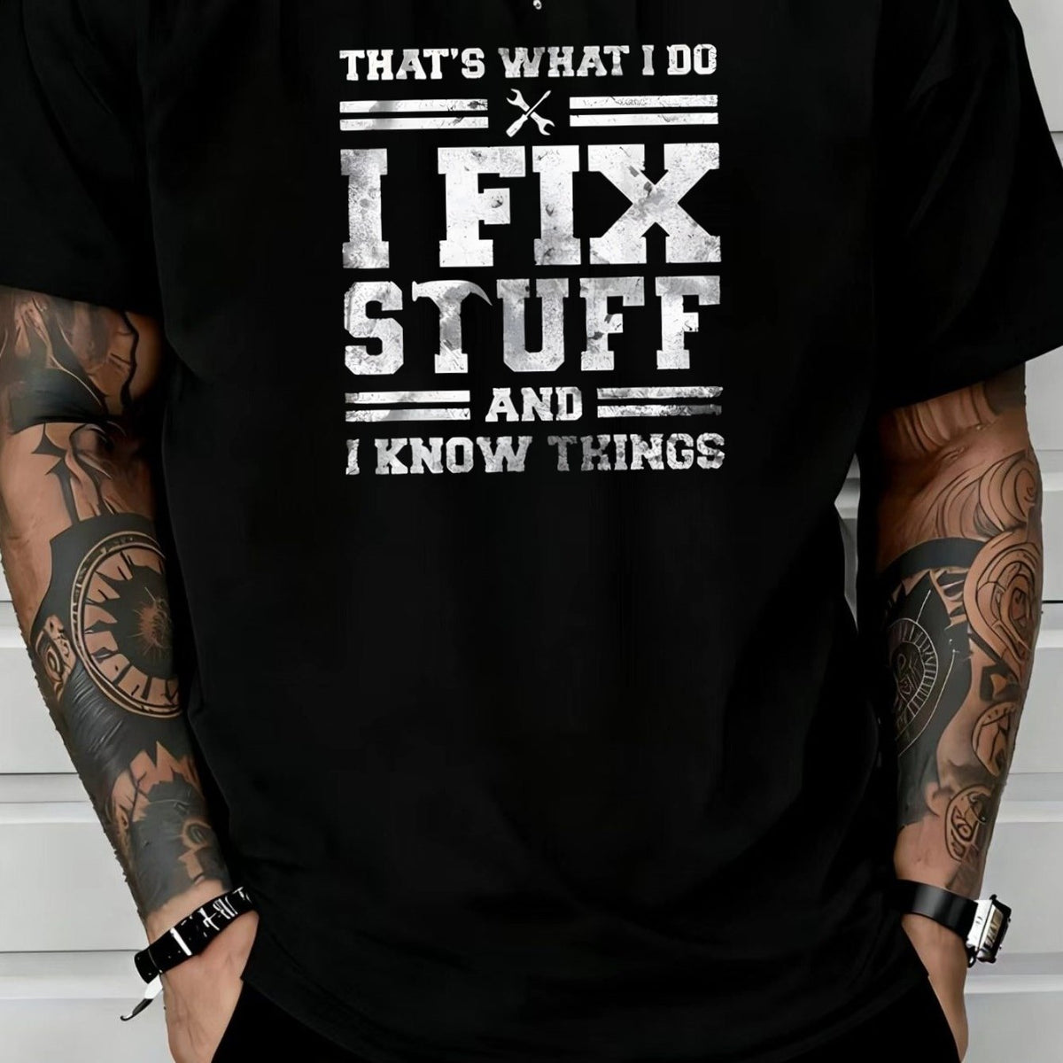 Men's Handyman Graphic T-Shirt with "This Is What I Do, I Fix Things" Quote - Workwear Short Sleeve Round Neck Casual Top, Breathable Suitable for All Seasons, Casual Attire for, -Themed Apparel & Gifts