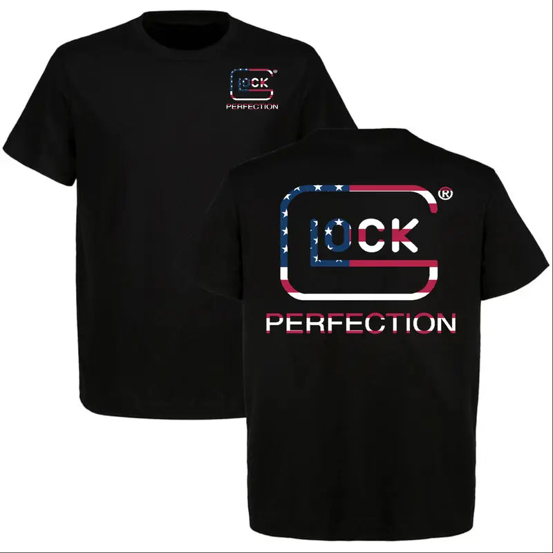 Men's Glock Perfection Graphic Cotton Top - American Flag Glock Logo, 2A Gun Enthusiast Tactical Streetwear, Distressed Hem Accent, Office Vibe Gift Tee (Pair with Cap, Denim-Cargo Pants Inspired)