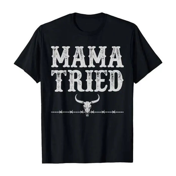 Men's Classic Short-Sleeve Cotton T-Shirt - Vintage Country Western, Casual Fit, "Mama Tried" Funny Graphic Print, Round Neck, Soft, Layer-Friendly, American Streetwear, OOTD Top, 2XL, 3XL, 4XL