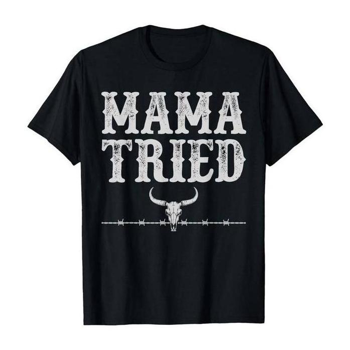 Men's Classic Short-Sleeve Cotton T-Shirt - Vintage Country Western, Casual Fit, "Mama Tried" Funny Graphic Print, Round Neck, Soft, Layer-Friendly, American Streetwear, OOTD Top, 2XL, 3XL, 4XL
