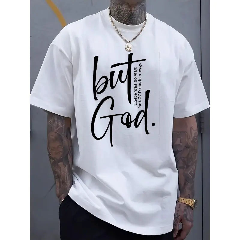 [100%25 Cotton]Men'S Cotton Crew Neck T-Shirt With "But God" Letter Print, Casual Street Style, All-Season Comfort Fit, Knit Fabric, Cotton T Shirts