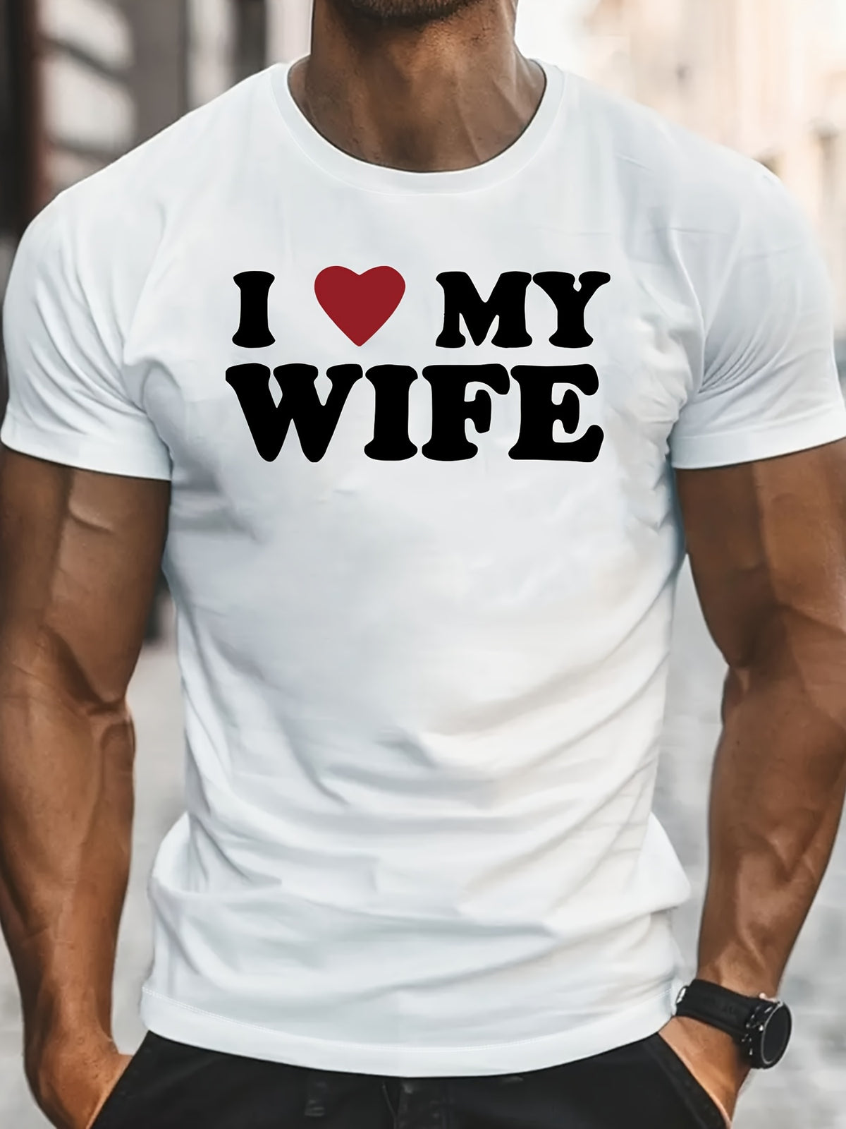 Men's Stylish " I Love My Wife" Creative Print T-Shirt, Crew Neck Short Sleeve, Casual Tee, Versatile Top For Spring And Summer, Trendy Streetwear Fashion
