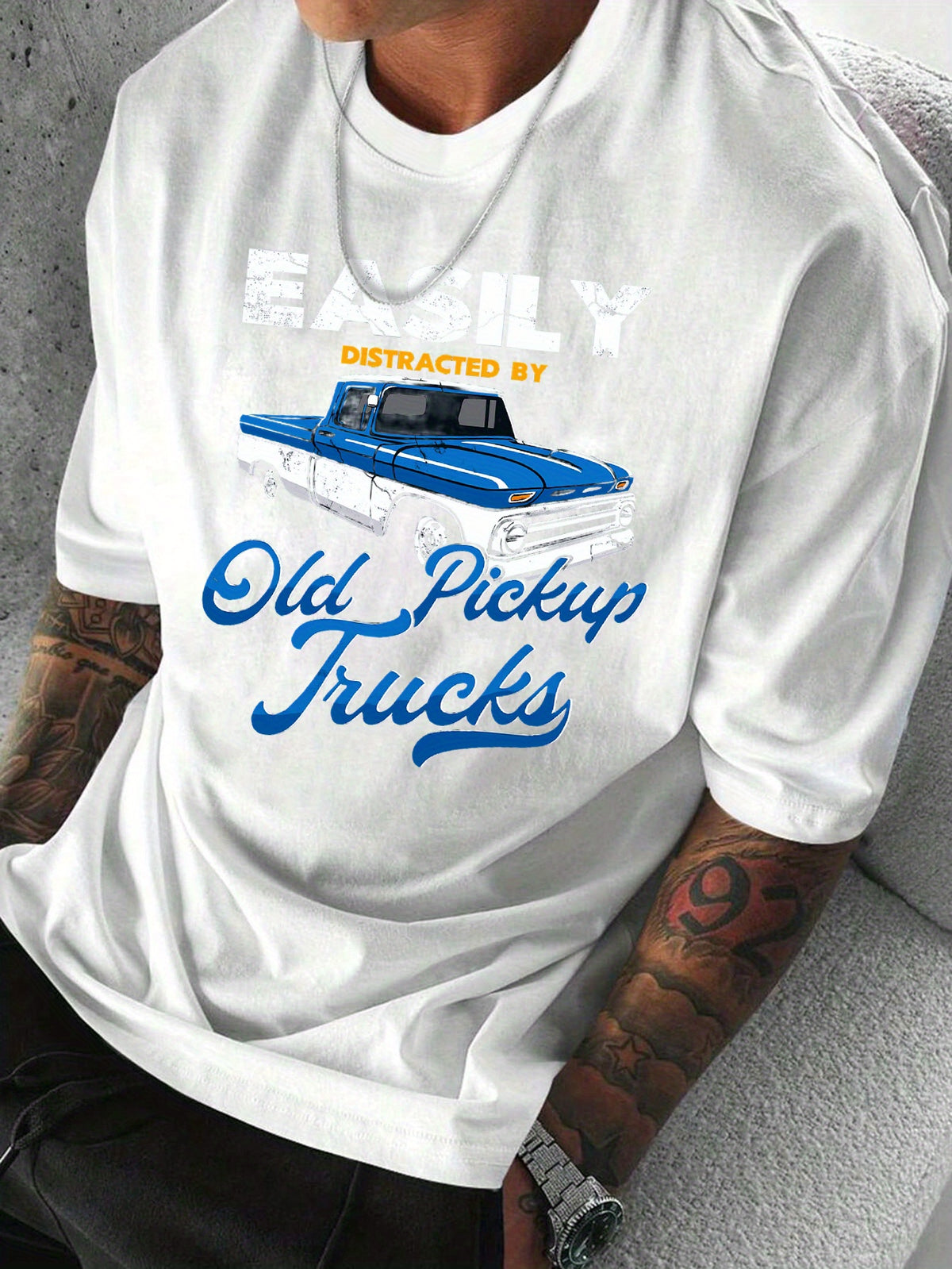Men'S Outdoor Casual T-Shirt with Vintage Pickup Truck Pattern And Letter Print
