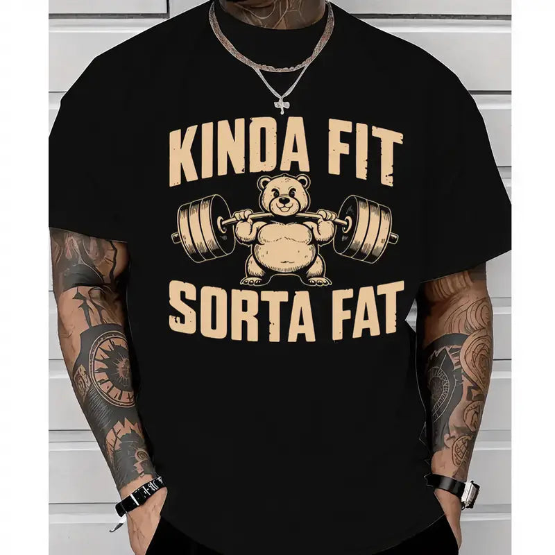 Men's Classic Velvet-Flannel Cotton Blend Funny Weightlifting Bear Graphic Tshirt - Oversized Loose Fit, Soft Breathable Anti-Static, Round Neck Gym Menswear Top, Hemmed Casual Streetwear Short-Sleeve Tee