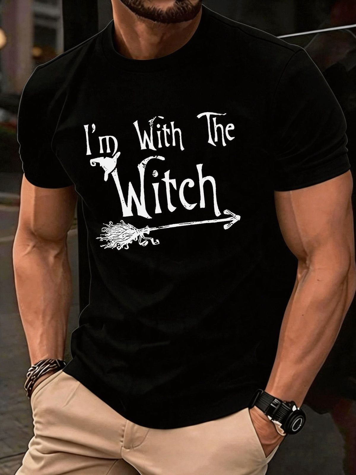 Men's Fashion Casual Trendy I'm with The Witch Broom Arrow Graphic Short Sleeve T Shirt Streetwear Holiday Gift Daily Wear