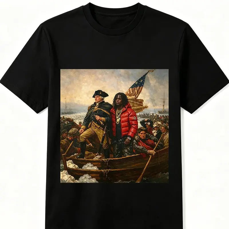 Oversize Cotton Graphic Print Tee - US History Art Chief Washington Crossing the Delaware Meme Design, Oversize Street Fit, 250th Independence Day Y2k Sports Top, Machine Washable for Easy Care, Easy Go-To Casual Gift